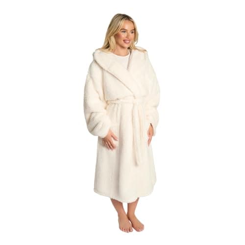 Image of OHS Dressing Gown Womens Teddy Fleece, Gifts for Women Men Bathrobe with Hood & Pockets Super Soft Warm Luxury Oversized Fluffy Ladies Mens Dressing Gowns, Cream One Size