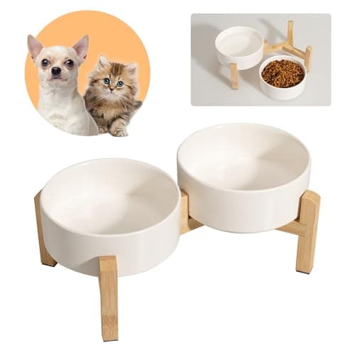 Image of Elevated Ceramic Dog Bowl Set - Raised Feeding Bowls with Non-Slip Bamboo Stand - Small Pet Dishes for Food and Water - Ideal for Cats and Puppies - 16.23 OZ - 2 Cups - 480 ML
