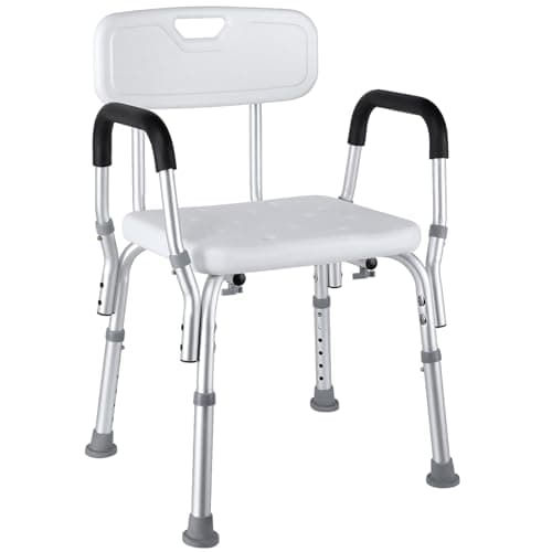 Image of LIFERUN Adjustable Shower Chair, Shower Seat with Back and Padded Arms, Anti-Slip Feet, Maximum Load 136kg, Portable Bath Stool for Elderly, Disabled and Pregnant, White