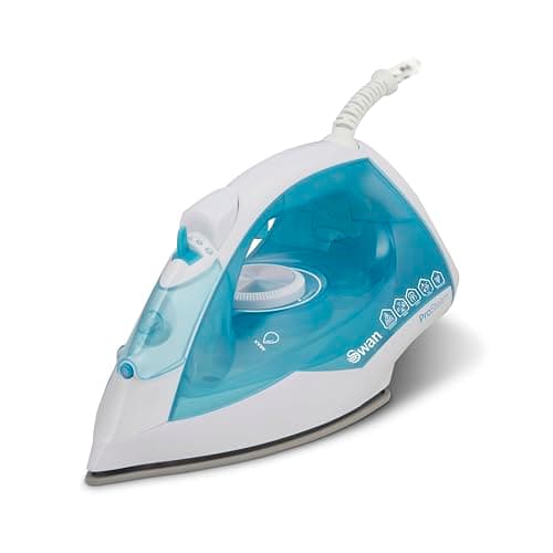 Image of Swan SI12056AQ Steam Iron with Ceramic Soleplate, ProSteam Technology, Anti-Calc, Anti-Drip, Adjustable Temperature Dial and 360 Degree Swivel Cord, 2800W, White and Aqua