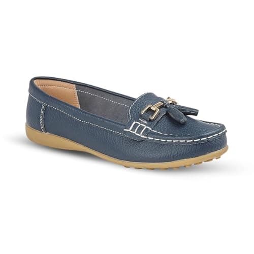 Image of Ladies Loafers Flats Wide Leather Tassle Cushioned Casual Slip On Womens Nautical Boat Comfort Shoes (Navy, UK Footwear Size System, Adult, Women, Numeric, Wide, 6)