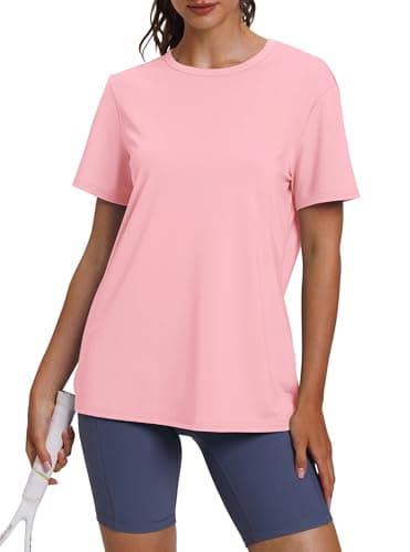 Image of Aokosor Gym Tops for Women UK Short Sleeve Crew Neck Workout Shirts Lightweight Breathable Quick Dry UPF 50+ Sports Running Tops Size 18-20 Baby Pink