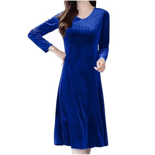 Image of Dresses Winter Women Neck Velvet Long Sleeve Slim High Waist Midi Dress Cocktail Dress (Blue, L)