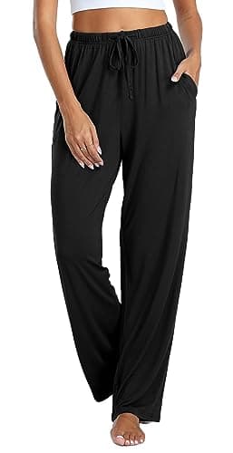 Image of Vlazom Women's Pyjama Bottoms Soft Casual Pants Sleeping Lounge Trouser with Pockets Drawstring A-Black,M