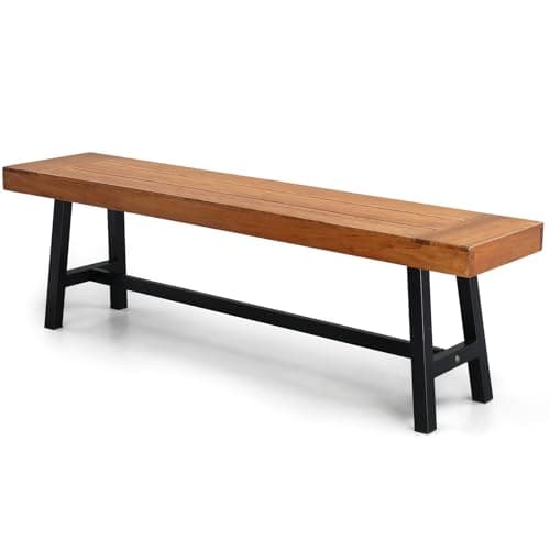 Image of Bonnlo 160cm Solid Wooden Bench with Metal Legs, Rustic Indoor Outdoor Dining Bench, Seat for Hallway Garden Deck Patio Lounge Yard