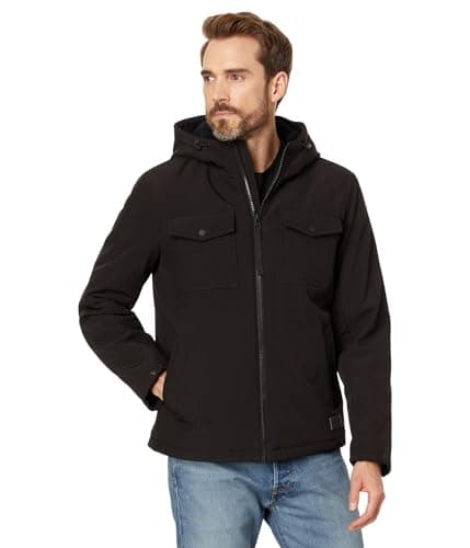 Image of Levi's Men's Soft Shell Two Pocket Sherpa Lined Hooded Trucker Jacket, Black Tech, 3X