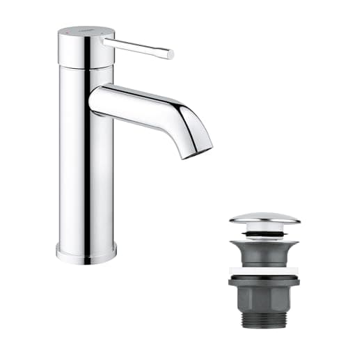 Image of GROHE Essence Single-Lever Basin Mixer Tap with Push-Open Pop-Up Waste Set (S-Size 208mm, Metal Lever, 28 mm Ceramic Cartridge, Water- and Energy-Saving, 3/8 Inch Tails), Chrome, 23797001