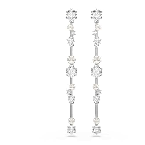 Image of Swarovski Constella Drop Earrings, Clear Round-Cut Crystals and Crystal Pearls in a Rhodium-Finished Setting, Part of the Swarovski Constella Collection