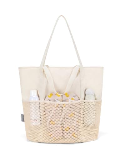 Image of KABAQOO Beach Bag with Zip and Pockets Small Beach Tote Bags for Women with Compartments and Key Chain Foldable Shopping Bag Pool Bag, Beige