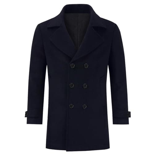 Image of Allthemen Mens Wool Winter Coat Double-Breasted Trench Overcoat Mid Length Warm Coat Regular Fit Casual Coat Jacket #23188 Navy M
