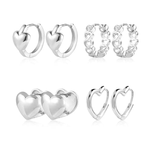 Image of ASH'S CHOICE 925 Sterling Silver Heart Hoop Earrings - Hypoallergenic Multipack, Tiny Sleeper Cartilage Huggie Earrings