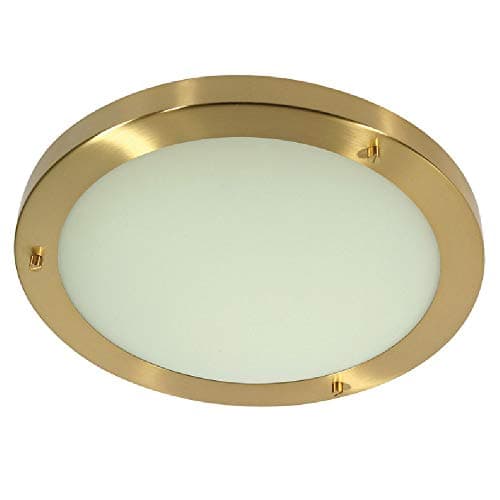 Image of Britalia Satin Brass & White Frosted Glass Bathroom Round Flush Ceiling Light 305mm | 2 x SES E14 Candle Lamp Bulbs Required (Not Included) | IP44 Rated | Suitable for Outdoor Use