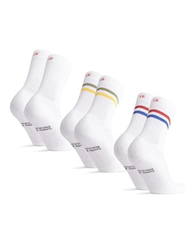 Image of DANISH ENDURANCE Tennis Crew Socks, Cotton Sports Socks, Cushioned for the Gym, for Men & Women, 3 or 6 Pack, White Multicolor (1x Green/Yellow Stripes, 1x Red/Blue Stripe, 1x White), 9-12