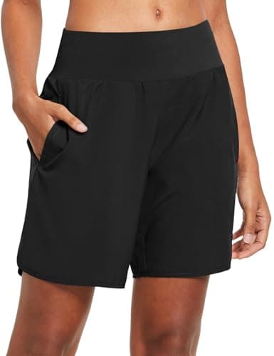 Image of baleaf Women's Running Shorts 2 in 1 High Waisted Gym Shorts Quick Dry with Back Zipper Pockets for Yoga Workout Black L