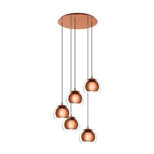 Image of EGLO Pendant Lighting Rocamar 1, 5 Bulbs Ceiling Light Fitting Made of Copper-Coloured Metal and Clear Glass, Hanging lamp for Dining and Living Room, E27 Socket