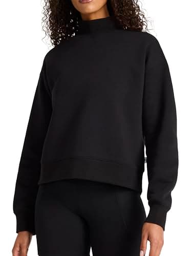 Image of Reebok Apparel Women's Vector Mock Neck Sweatshirt, Standard Fit, Midweight Cotton-Poly Fabric, Black, S