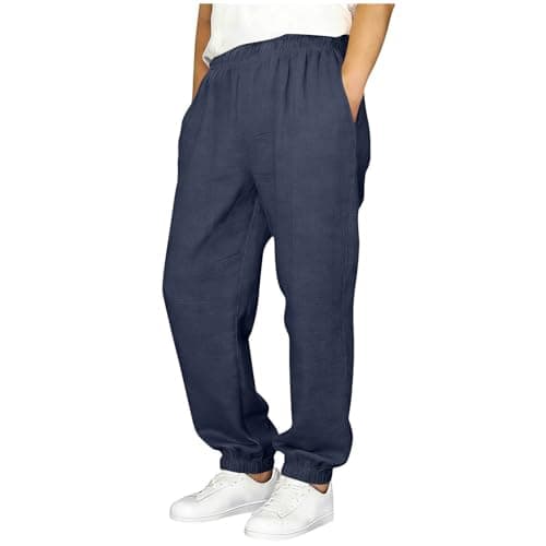 Image of Kids Boys Linen Trousers Tapered Elasticated Waist Casual Loose Linen Trousers Baggy Straight Leg Pants Summer Comfy Beach Travel Outfits Joggers with Pockets for 5-15 Years Navy