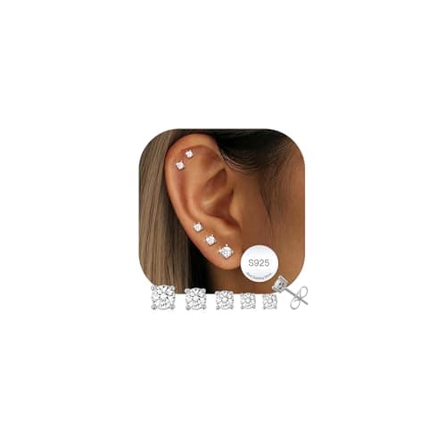 Image of AVOTTO 5 Pairs Sterling Silver Stud Earrings for Women Hypoallergenic S925 Silver Studs Earrings Small Cubic Zirconia Stud Earring Set for Multiple Piercings Jewellry Gifts