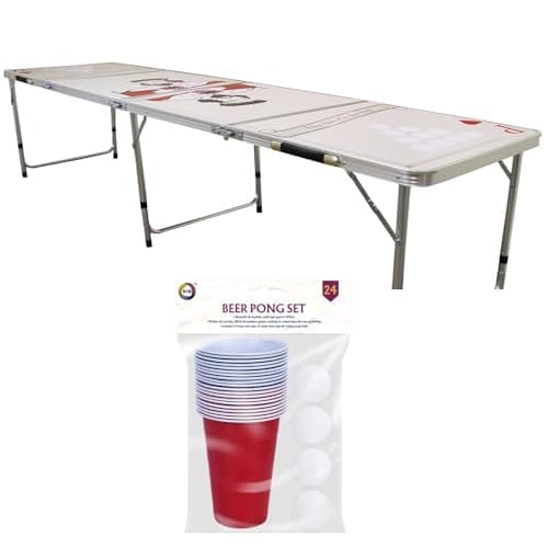 Image of Yavolo 8ft Folding Portable Beer Pong Table Set for Parties Indoors or Outdoors Waterproof, Drinking Table Complete with Foldable Carry Case, Microfibre Cloths, 20 Cups & 4 Balls