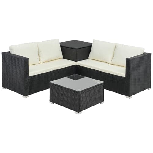 Image of Warmiehomy 4 Seater Garden Furniture Set with Cushions, L-Shaped Rattan Corner Sofa Set with Storage Box & Glass Coffee Table, Metal Frame Outdoor Furniture Set for Patio Conservatory (Black & Beige)