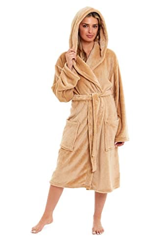 Image of Daisy Dreamer Womens Hooded Dressing Gown Robes Flannel Fleece Long Super Soft Plush Robe Bathrobe Gowns for Ladies (Gold, M)