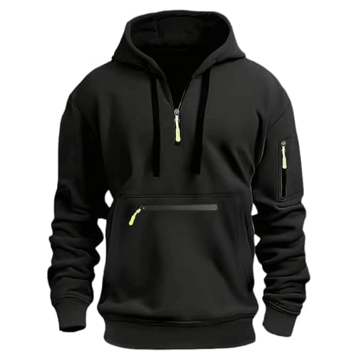 Image of Mens Hoodies Half Zip Pullover Work Jumpers Military Tactical Sweatshirts Sport Hooded Sweatshirts Winter Jackets Long Sleeve Hoody Top Zipper Pockets Casual Fashion Gym Work Sports Coat Black