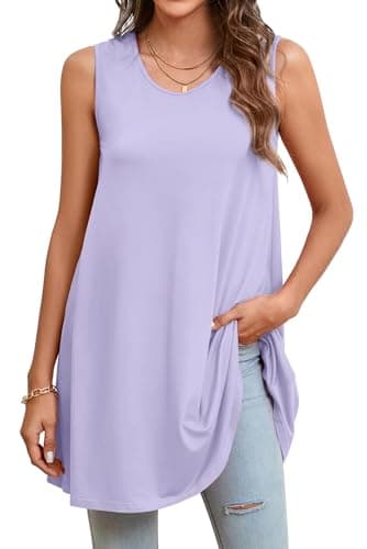 Image of Enmain Lilac Long Vest Tops for Women UK Stretch Ladies Sleeveless Tunics Longline Swing Summer Tank Tops for Leggings Plain Casual Loose Blouse Light Purple 3XL