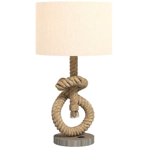 Image of HOMCOM Nautical Table Lamp with USB Charging Port, Bedside Lamp for Bedroom Living Room, Warm White LED Bulb Included, with Hemp Rope, Natural