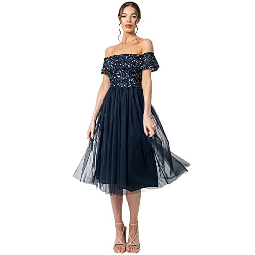 Image of Maya Deluxe Women's Ladies Bardot Dresses Midi High Empire Waist Sequins Embellished Formal Evening for Wedding Guest Bridesmaid, Navy, 8