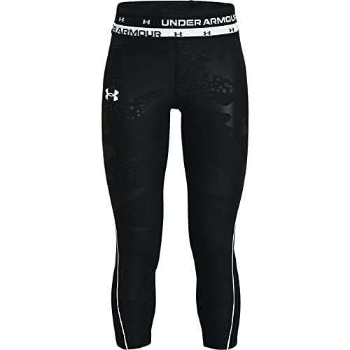 Image of Under Armour Girls' HeatGear Armour Emboss Ankle Crop , Black (001)/White , Youth Large