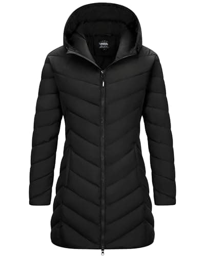 Image of Outdoor Ventures Women's Long Jacket Lightweight Quilted Hooded Coat Insulated Ladies Jacket for Trekking, Climbing & Skiing Black M