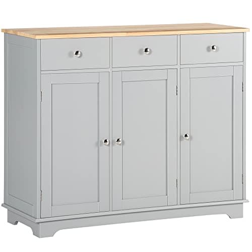 Image of HOMCOM Sideboard with Rubber Wood Top, Modern Storage Cabinet, Kitchen Cupboard with 3 Doors, 3 Drawers and 3 Adjustable Shelves for Dining Room, Living Room, Grey