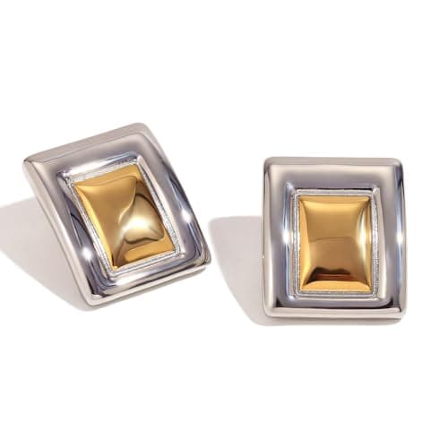 Image of Geometric Chunky Earrings for Women Girls Large Rectangle Square Personalized Boho Statement Stud Earrings Thick Dome Earrings Minimalist Ear Jewelry Gifts (S&G)