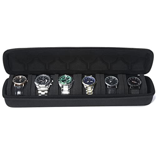 Image of AUKURA 6 Watch Roll Travel Case, Hard Zipper Case Storage and Organizer for Men and Women, with anti-move watch pillow (Black 6 slots)