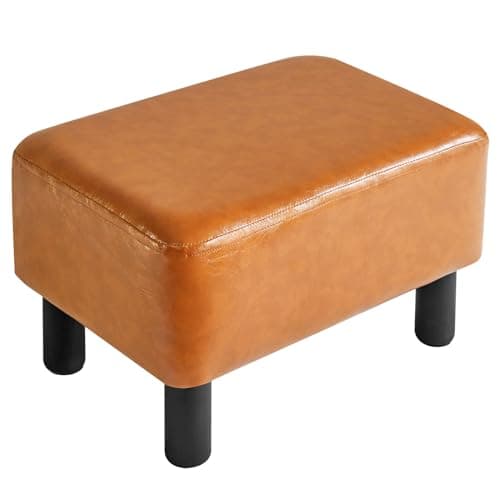 Image of IBUYKE 16.54" Small Footstool PU Leather Ottoman Footrest Modern Home Living Room Bedroom Rectangular Stool, with Padded Seat Pine Wood Legs, Orange RF-BD217