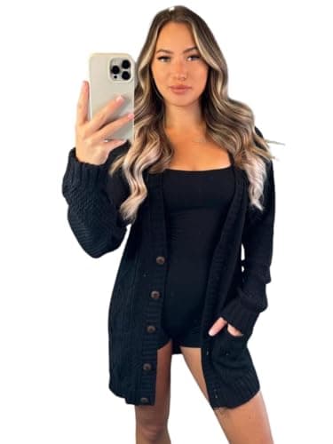 Image of Crazy Fashion Women’s Long Sleeve Grandad Open Front Button Top Chunky Aran Cable Knitted Cardigan Ladies Sweater Winter Jumper Black 16-18