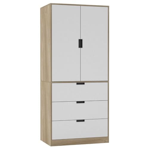 Image of URBNLIVING Modern 2 Door Wardrobe with 3 Drawers & Hanging Rail, Stylish Freestanding Storage, Spacious Interior, Durable Chipboard Build, Easy to Assemble Bedroom Furniture