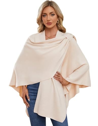 Image of PULI Womens Poncho Shawl Wrap Finely Draped Knitted Cape Cardigan Cross Front Scarf beige