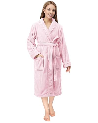 Image of NY Threads Luxury Women’s Dressing Gown Super Soft Fleece Bath Robe Cozy Shawl Collar Loungewear and Nightwear, X-Large, Light Pink