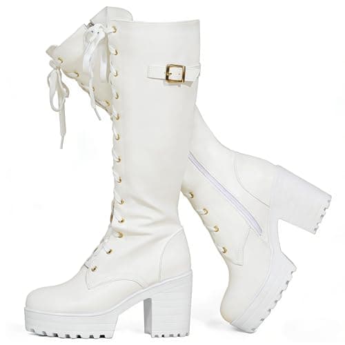 Image of Voviggiw Women Fashion Platform Knee High Boots Lace Up Chunky Heel Boots with Buckle Side Zipper Biker Boots White Size 38
