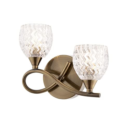 Image of National Lighting Reagan Decorative Antique Brass Curved Arm Twin Wall Light with Patterned Cut Glass Shades (Left Orientated)