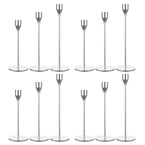 Image of Set of 12 Silver Candle Holders, Metal Candle Holder Tapers Fit 3/4 Inch Pillar Candles, Elegant Decor for Dining, Dating, Party, Anniversary,Candlelight Dinner