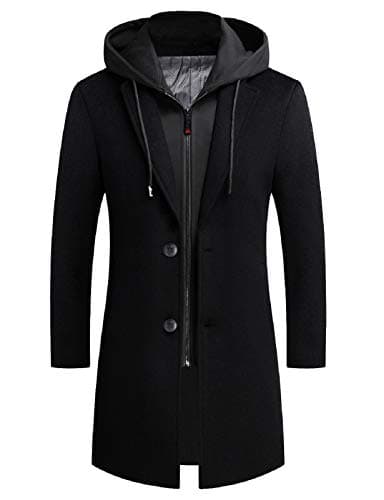 Image of iCKER Men's Wool Woolen Coat Long Trench Coat Winter Casual Jacket Slim Fit Overcoat, Black 4(cotton), L