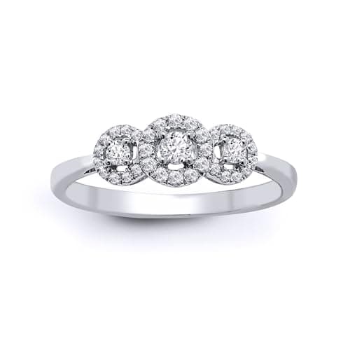 Image of Jewelco London Solid 18ct White Gold Claw Set Round G SI1 0.6ct Diamond Trilogy Halo Cluster Ring 6.5mm
