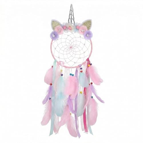 Image of SiumPklay Large Unicorn Dream Catcher for Girls, 8-Inch Handmade Wall Hanging with Colorful Artificial Feathers, Boho Kids Room Decor, Nursery Bedroom Gift
