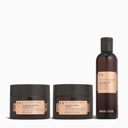 Image of The Body Shop Spa of the World Body Care Scrub Collection, Brazilian Cupuaçu Scrub-in-Oil 400g, Tahitian Tiaré Body Wash 250ml, Hawaiian Kukui Body Cream 300ml, Luxurious Glow Routine, Vegan Skincare