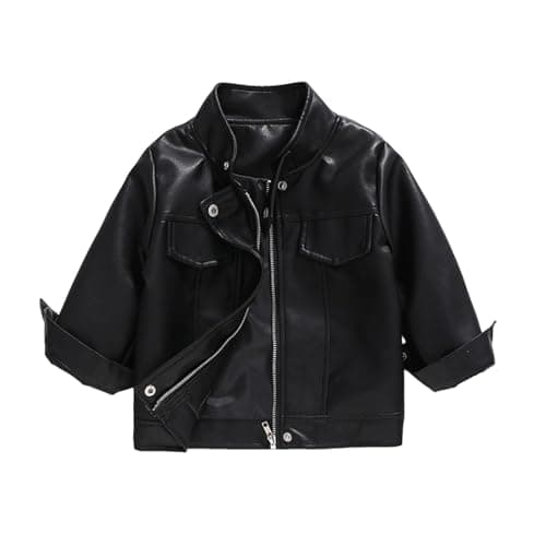 Image of Slxbear Toddler Faux Leather Motorcycle Jacket Bomber Coat With Zipper Pockets For Boys Girls Motorcycle Jacket Warm Winter Coat Windproof Autumn Outerwear Windbreaker #01Black 8-9 Years