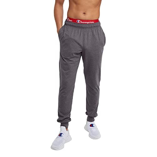 Image of Champion Men's Joggers, Lightweight Lounge, Jersey Graphic Pants, 31" Sweatpants, Granite Heather C Patch Logo, XXL