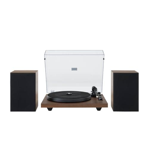 Image of Crosley C62 Record Player with Speakers - Bluetooth Turntable with 60W Bookshelf Speakers, Easy Set Up Vinyl Player with Dust Cover, Record Player Shelf System, Walnut