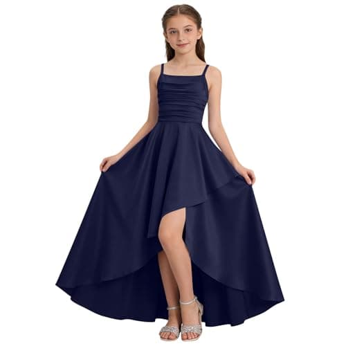 Image of QIANCOME Girls Satin Formal Dress Kids Spaghetti Strap Long Dress Elegant Asymmetric High Low Hem Smocked Waist Pleated Flowy Dresses Evening Cocktail Ballroom Wedding Prom Teen A Navy 9-10 Years